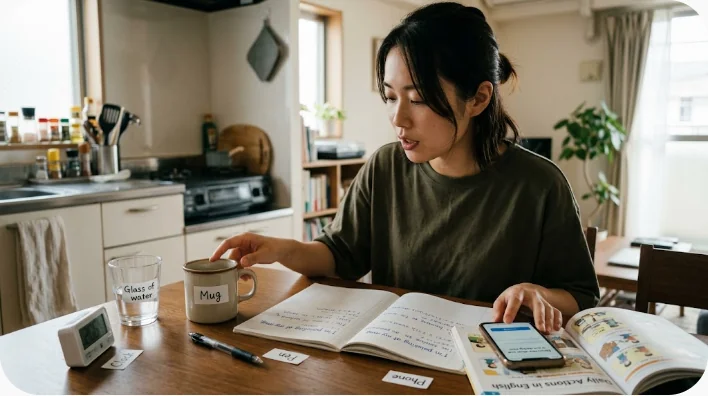 グレーのセーターをダーニングしながら刺繍に関する英語を練習する学習者