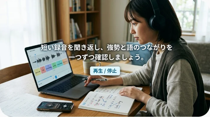 自宅の机でショートケーキに関する英語表現を録音練習する日本人学習者