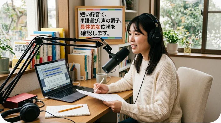 成人英語学習者がフレーズカードを見ながらスマートフォンへ発音を録音している様子