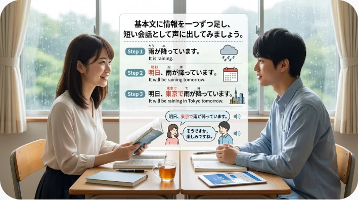 朝の机で悪い夢に関する短い英語フレーズを音読する学習者