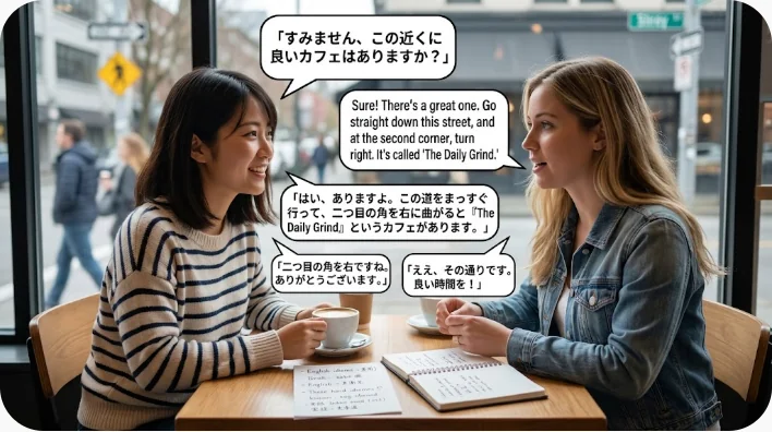 ホテルの机で旅行前に英語フレーズを声に出して練習する日本人旅行者