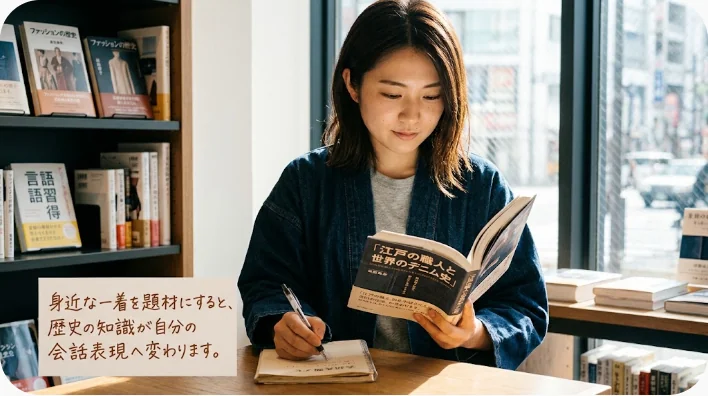 自宅でコートを題材に英語の音読と発音練習をする成人学習者
