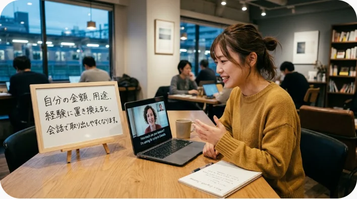 日本人の英語学習者が自宅でお金に関する例文を声に出して復習している画像