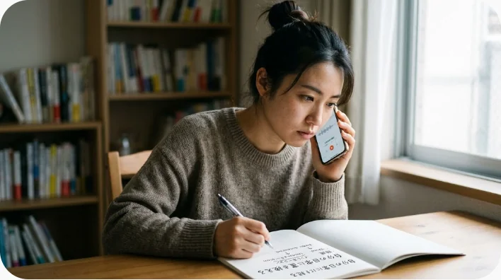 自宅で録音機能と復習カードを使い英語の疑問文を音読する学習者