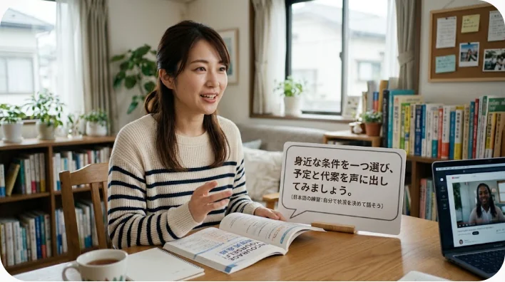 天気や旅行や料金を示すカードを使ってdepending onを声に出して練習する英語学習者