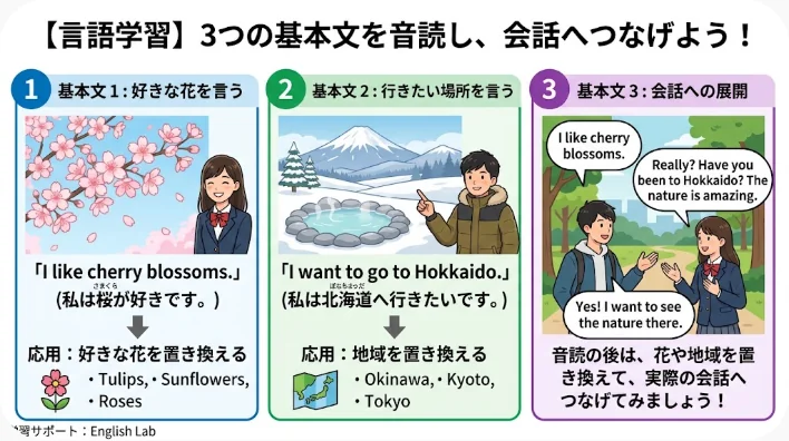 桜や菊やバラの資料を見ながら英語を音読する日本人成人学習者