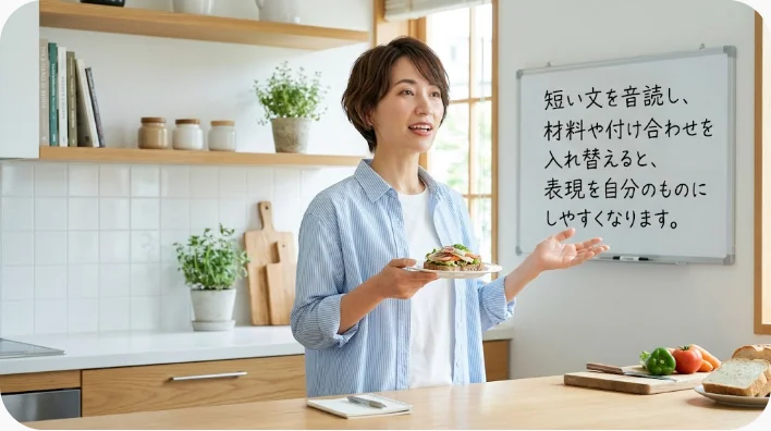 日本人の成人学習者が自宅でクリスマスプディングを題材に英語の音読を練習する様子