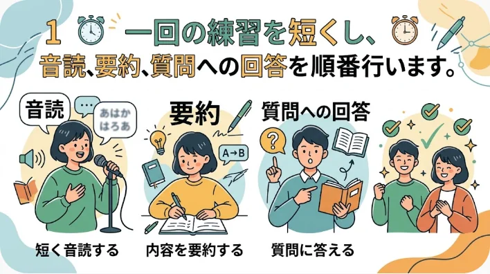 学習者が地球儀、年表カード、ヘッドホン、ノートを使ってアラスカ史の英語発表を練習する場面