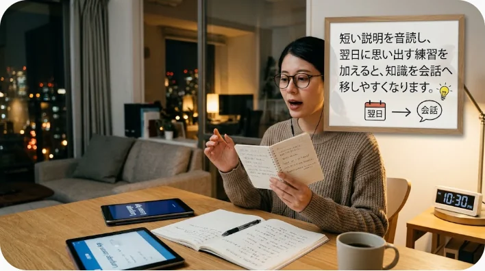 日本人の成人学習者が机で伝統的な織物の英語表現を音読しノートへ記録している場面
