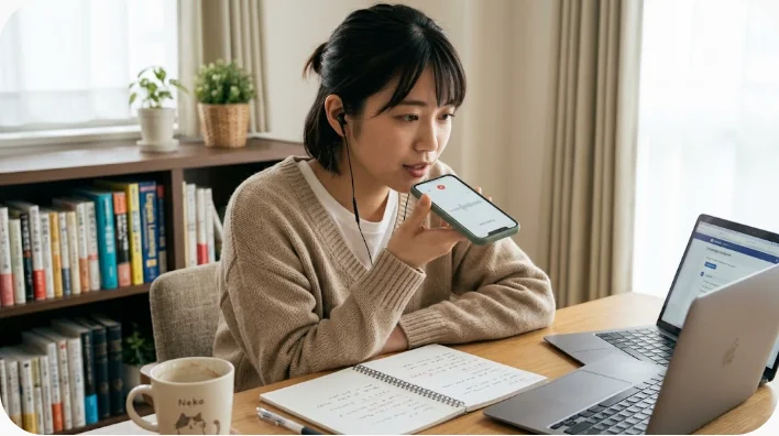机で復習カードを見ながらbe good atの英文を音読しスマートフォンに録音する日本人学習者