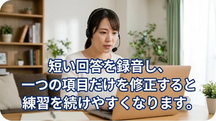 日本人の求職者が面接用カードと録音機能を使って英語を音読する様子