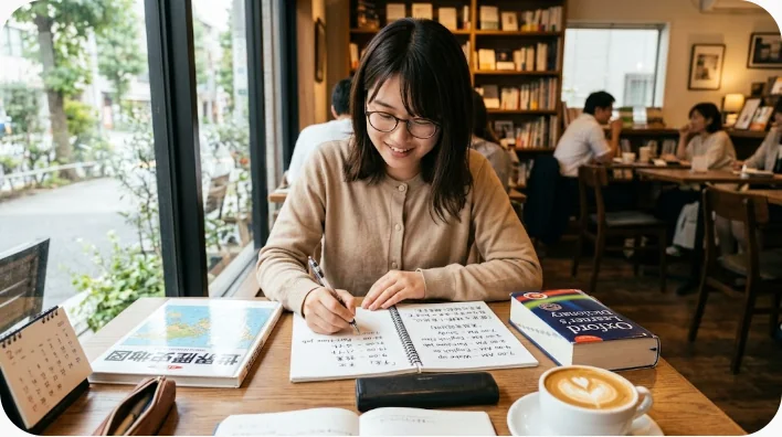 日本人の英語学習者が世界地図と時計を使ってタイムゾーン表現を練習する場面
