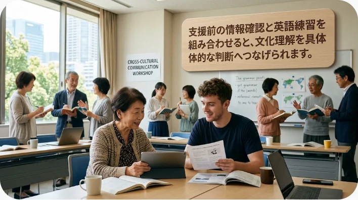 非営利団体の活動報告や寄付記録と英語ノートを机で確認する日本人学習者