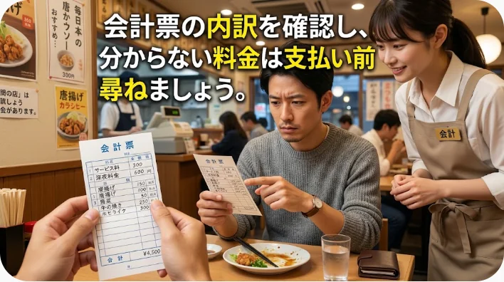 ハワイのレストランで会計票とカードを確認し持ち帰り用の箱を受け取る旅行者