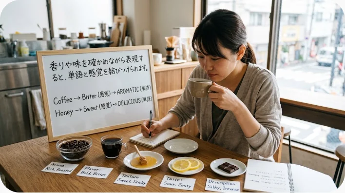 日本人の英語学習者がレモンマートルティーやワトルシード入りヨーグルトを用意して発音練習をしている場面