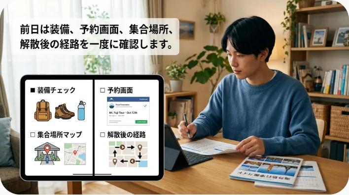 夜のツアー前に防水ジャケットや歩きやすい靴と予約情報を確認する日本人旅行者
