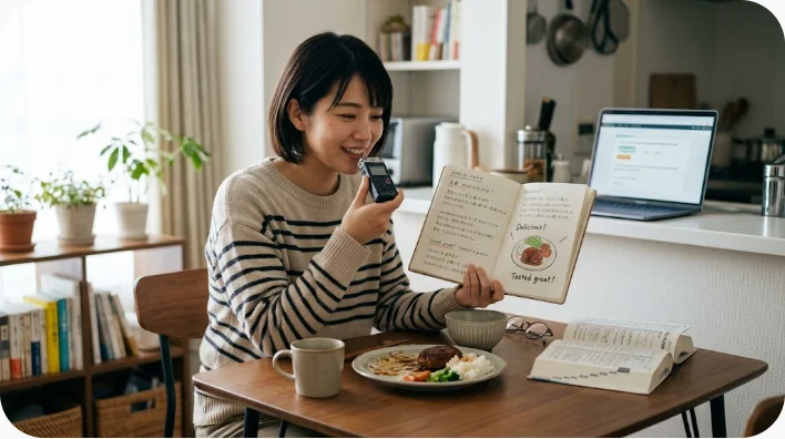 日本式カレーを前にノートとスマートフォンを使って英語の発音を練習する成人学習者