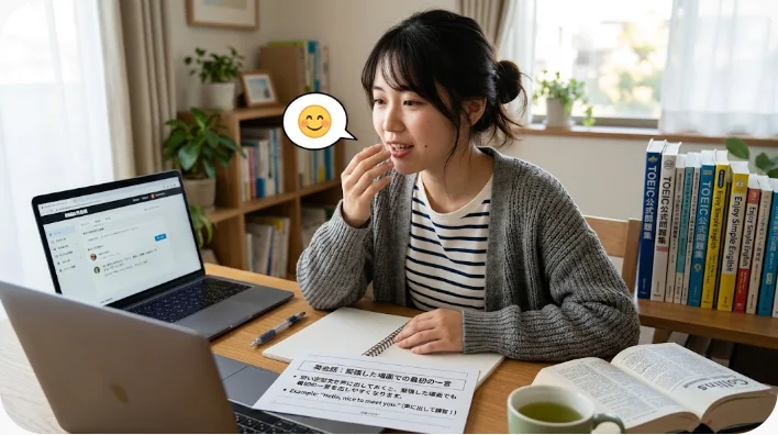空港の搭乗口付近でスマートフォンのメモを見ながら英語フレーズを練習する旅行者