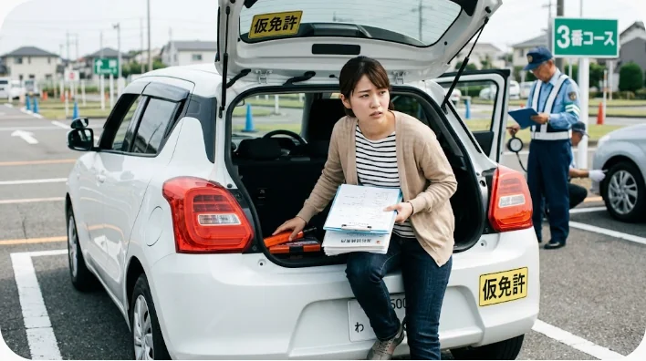 路上試験前に書類を持った学習者が車のライトとタイヤを確認している場面