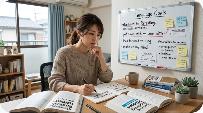 英語イディオムカードを理解度別に分けて音読と復習をする成人学習者
