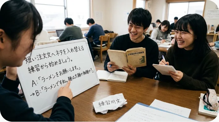 日本人の成人英語学習者が自宅で寿司の絵カードとノートを使い注文表現を練習している様子