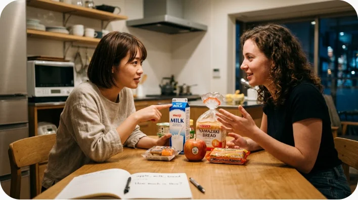 化粧品を机に置き買い物用の英語フレーズを練習する成人学習者