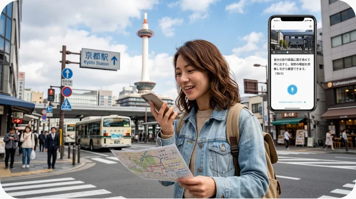 新幹線の窓側席で英語の旅行フレーズをノートに書いて練習する学習者