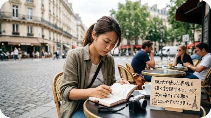 ロンドンのホテルラウンジで旅行英語をノートに復習する学習者