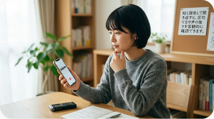 日本人の成人学習者がスマートフォンで英語の短いフレーズを録音して練習する様子
