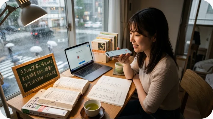朝の窓辺で天気を見ながら英語の音声メモを録音する成人学習者