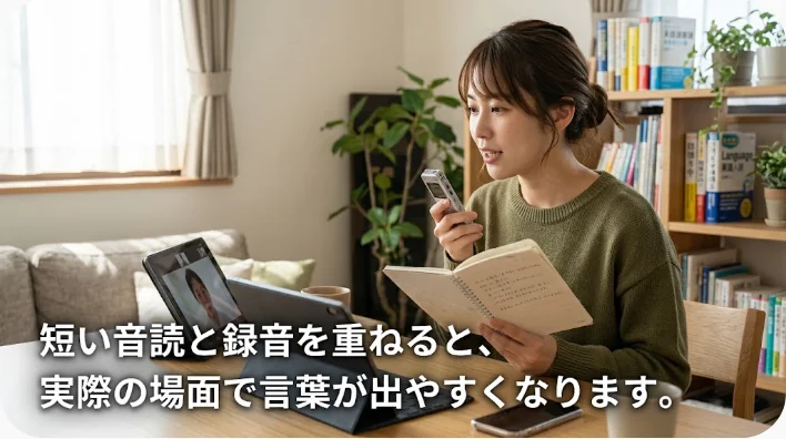 自宅でノートと録音機能を使い英語のお祝い表現を音読する日本人学習者