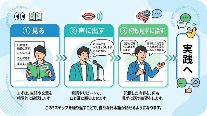 天ぷらを前に置き、ノートと単語カードを使って料理英語を音読する日本人の成人学習者