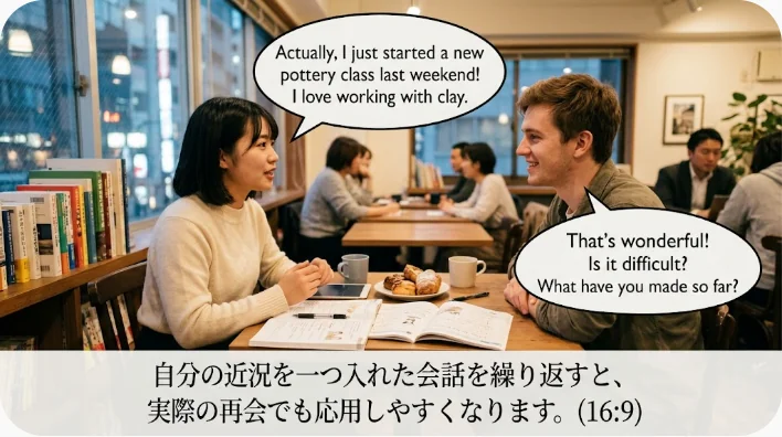 明るい教室で国際的な学習パートナーと再会時の英会話を練習する日本人学習者
