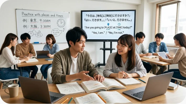 日帰り旅行の地図とノートを机に広げて英語フレーズを音読する学習者