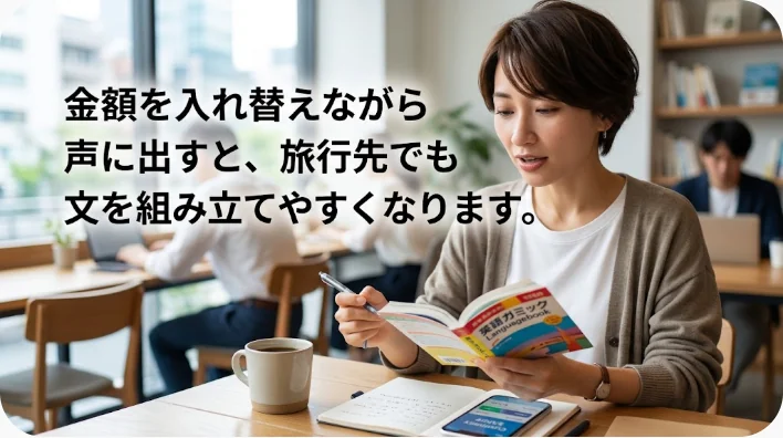 旅行前にノートとスマートフォンを使って値切り交渉の英語を音読する学習者