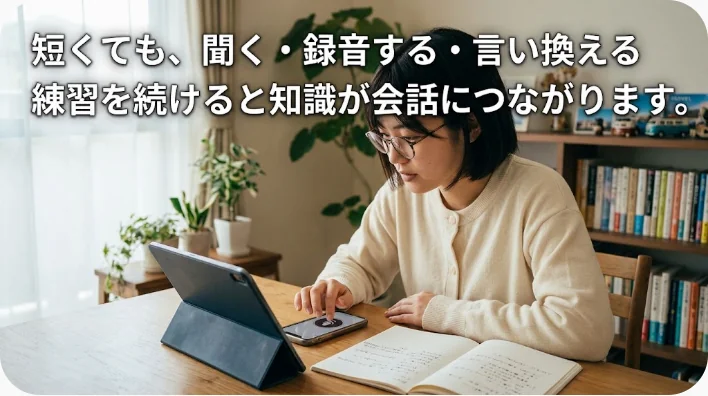 自宅で北米英語を聞き録音して復習する成人英語学習者