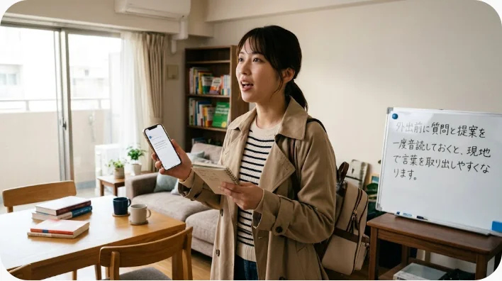 自宅で混雑に関する英語フレーズをノートに書き音読する日本人学習者