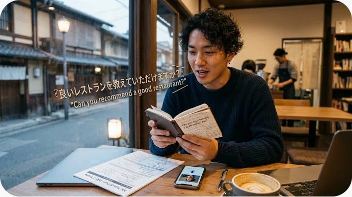 海外旅行前に短い英語フレーズを録音しながら練習する学習者