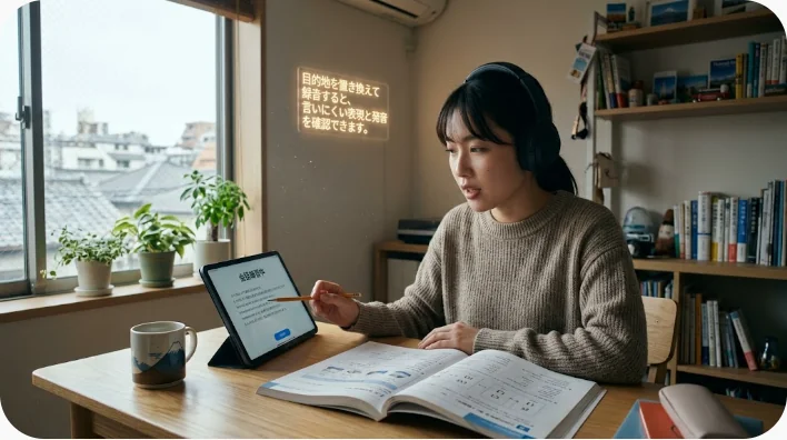 旅行英会話のフレーズカードを使って音読と録音練習をする英語学習者