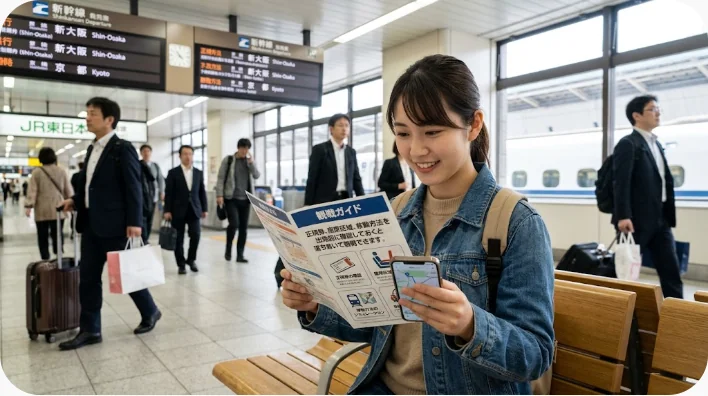 日本人のサッカーファンが英国のスタジアムへ向かう前にスマートフォンの観戦券を確認する様子