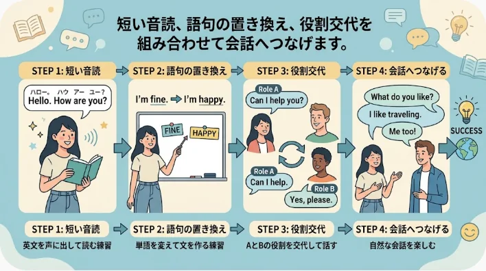 自宅でフレーズカードと週間チェック表を使い英会話を音読する日本人学習者