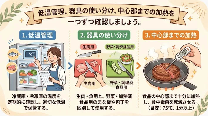 冷蔵した牡蠣と清潔な調理器具を用意し食品用温度計で加熱状態を確認する家庭の台所