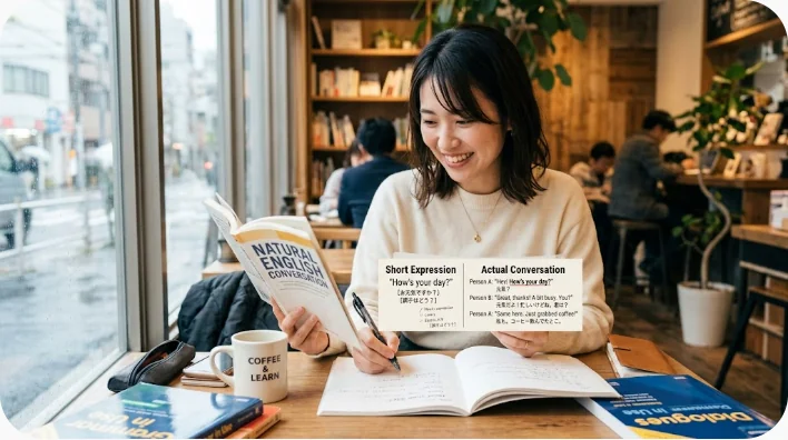 書店の読書スペースで学習者が読みやすい英語の本とノートを使って練習している様子