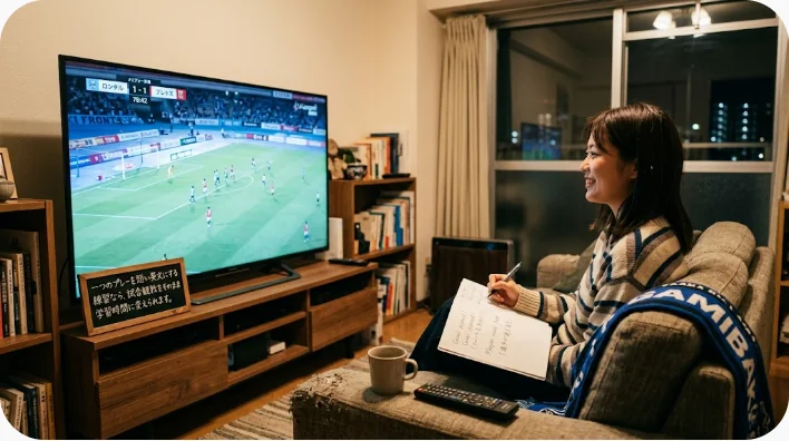 自宅で野球中継を見ながら英語実況を声に出して練習する日本人学習者