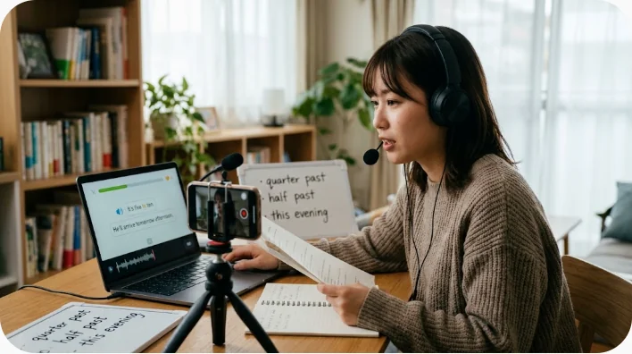 自宅で時間表現のフレーズカードを音読して録音する日本人英語学習者