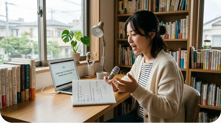 自宅の机でスポーツ英語のカードを使って音読練習をする成人学習者