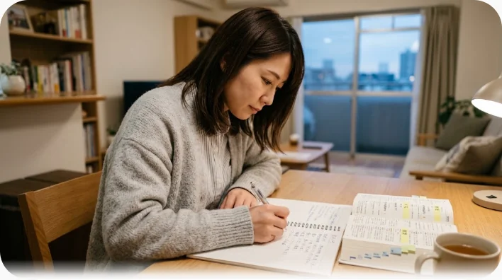 海外の診察前にスマートフォンで英語の症状メモを準備する日本人学習者