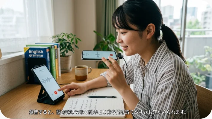 日本人の英語学習者がノートとスマートフォンを使って家族紹介を音読している様子