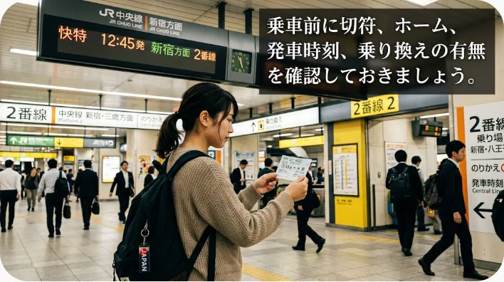 ホーム入口で旅行者がモバイル乗車券を確認している様子