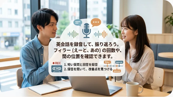 自宅で英会話フレーズを録音しながら復習する日本人の成人学習者